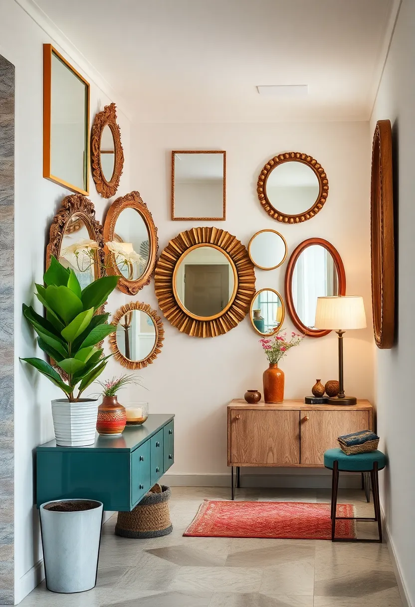 Layer multiple vintage mirrors​ of varying sizes and shapes in a hallway for an engaging and practical design