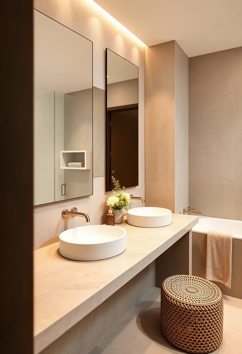 Balance⁣ a taupe countertop with champagne-colored soap dispensers and toothbrush holders for​ understated glamour