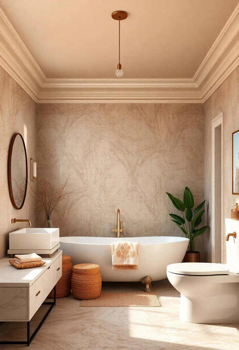 Choose ‍taupe ceiling paint with champagne crown ‍molding to frame ⁣your bathroom elegantly from top to bottom