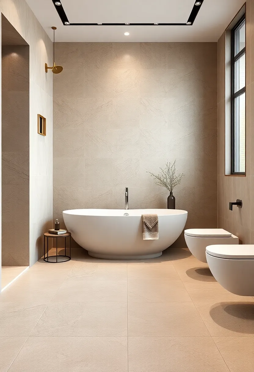 Combine ‍large ‍taupe floor tiles with champagne baseboards to ‌anchor the bathroom design with sleek sophistication