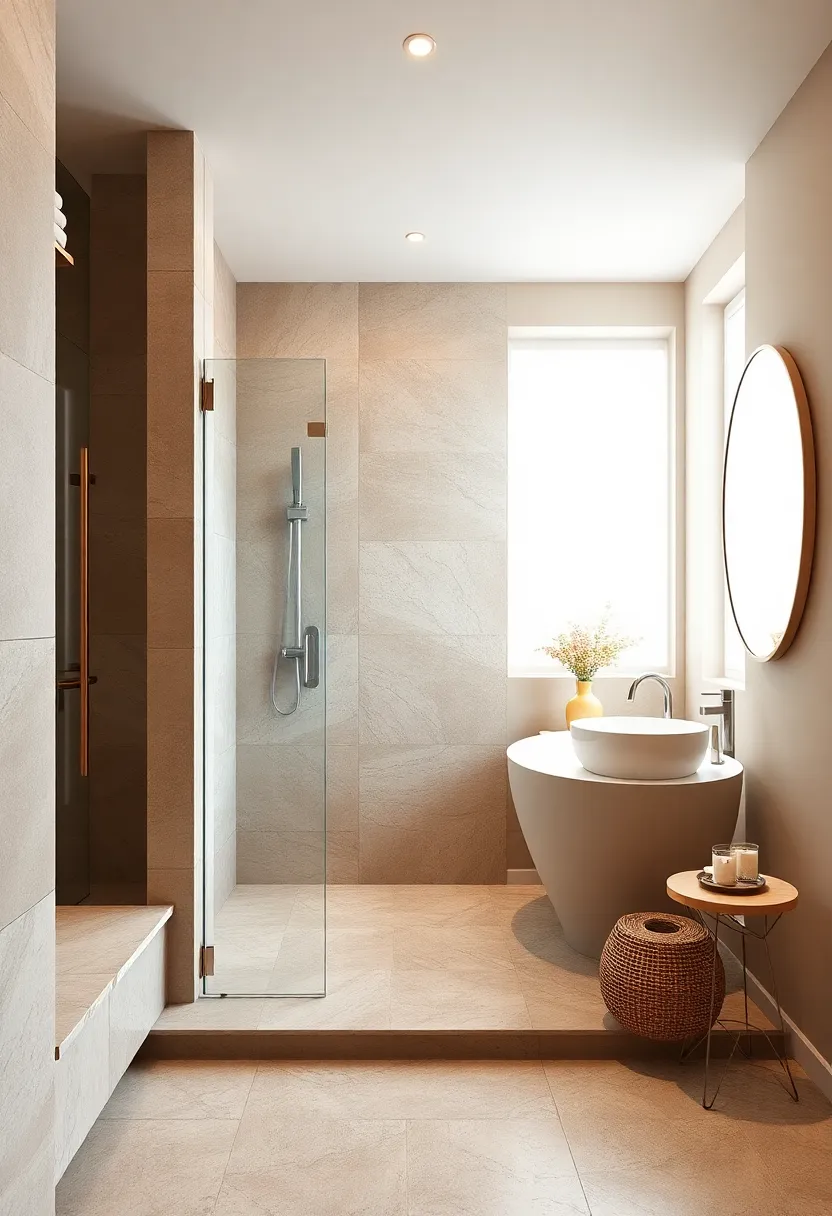 Design ⁢a ⁣walk-in shower with taupe stone walls and champagne metallic trim to enhance a​ spa-like⁤ atmosphere