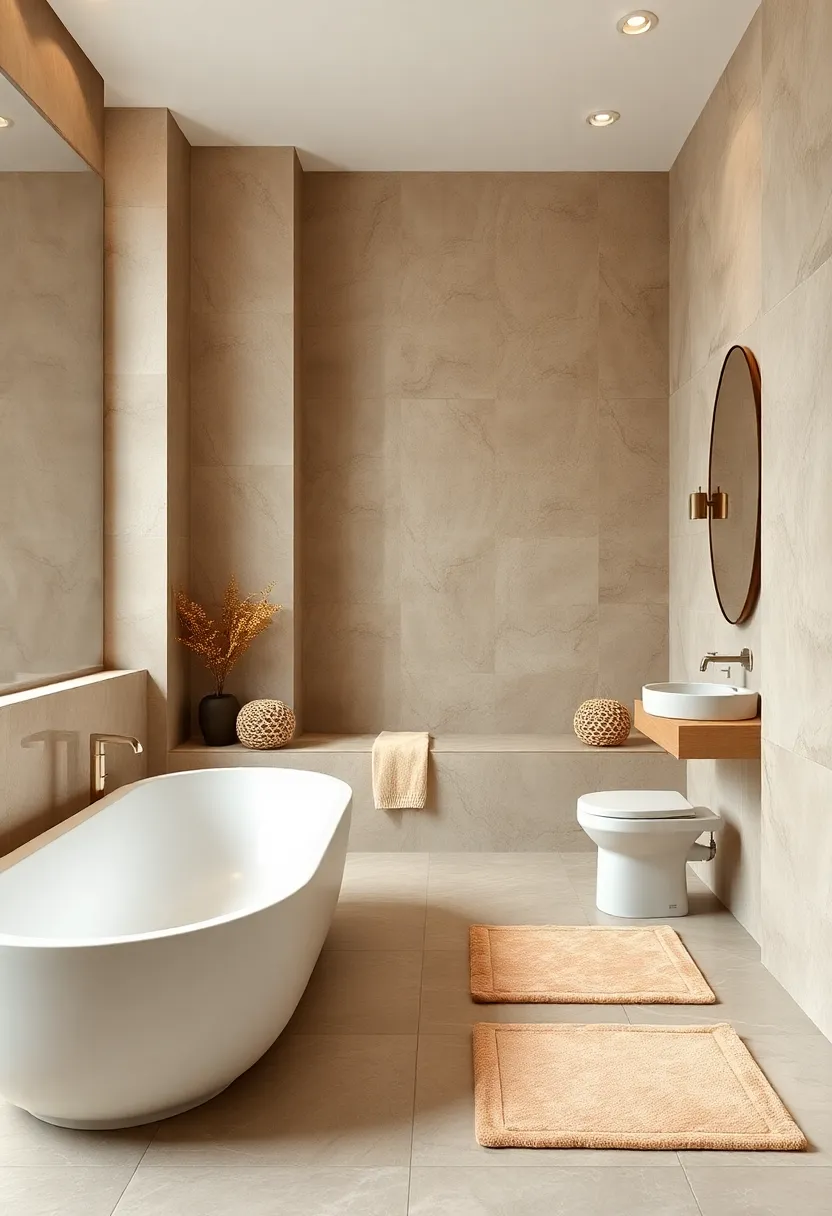 Highlight your taupe bathroom ‍floors with champagne-colored bath mats and accessories for cohesive styling