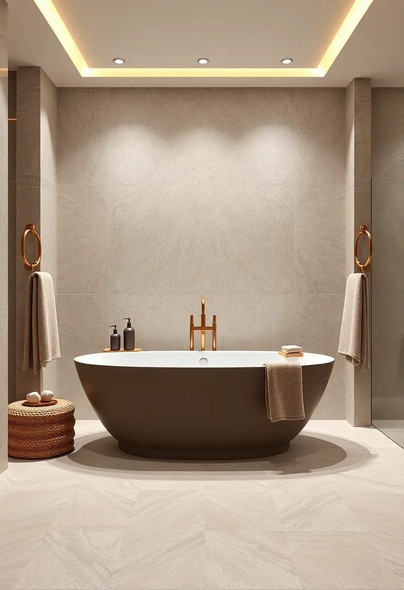 Introduce a taupe⁢ freestanding bathtub paired with champagne towel racks ​to elevate your ⁣bathing experience