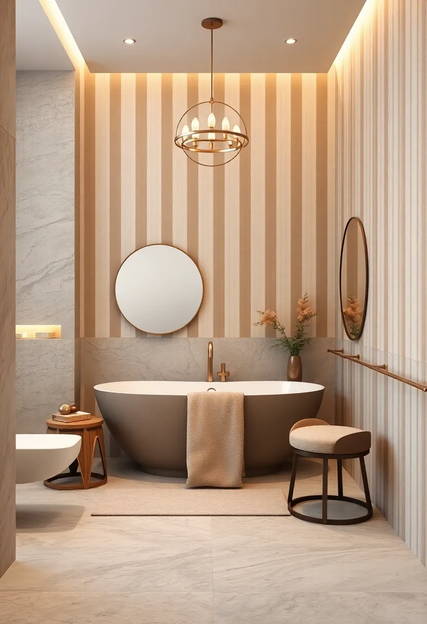 Select taupe and champagne-striped wallpaper for ⁣a modern​ twist on ⁢classic bathroom aesthetics