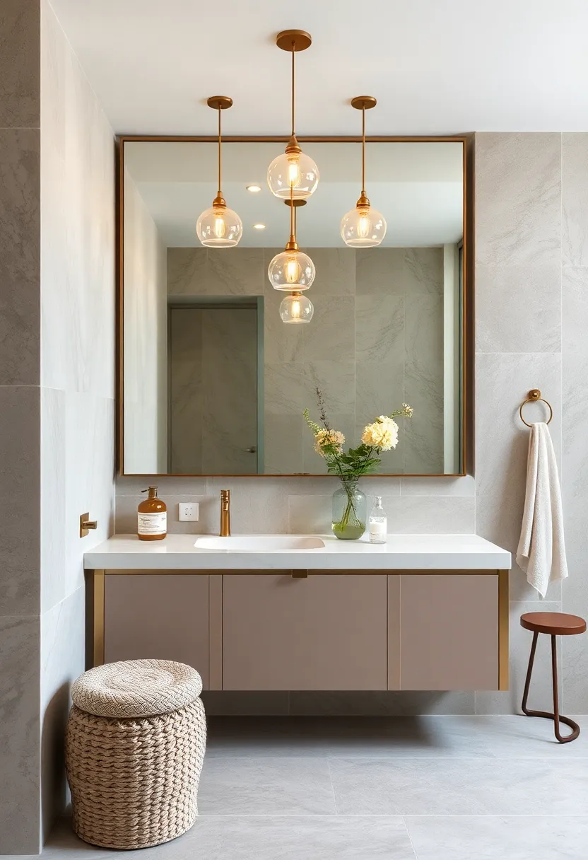 Use champagne pendant lights over a taupe vanity⁤ to add both warmth and ​visual interest to the space