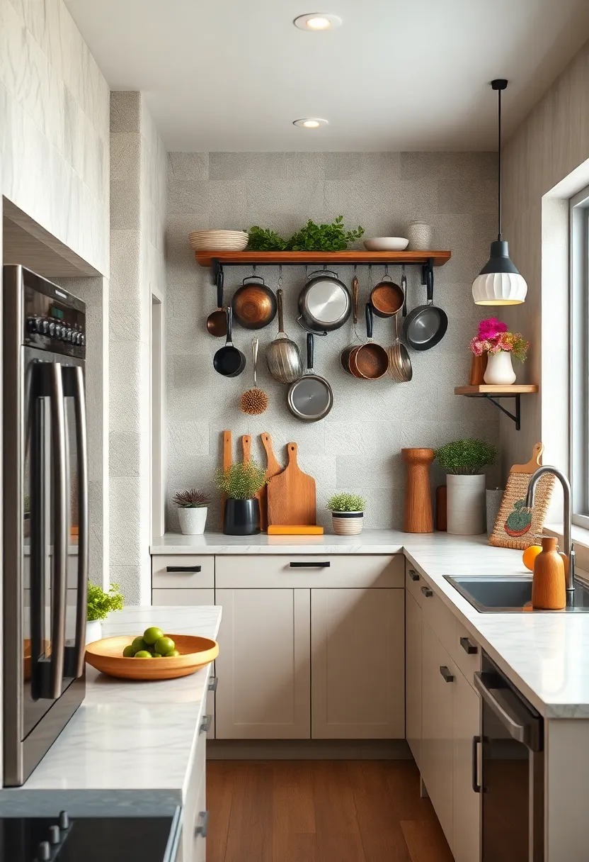Hang ‌pots and pans on‌ a wall-mounted rack to free up cabinet‌ space and ​add ‍rustic charm