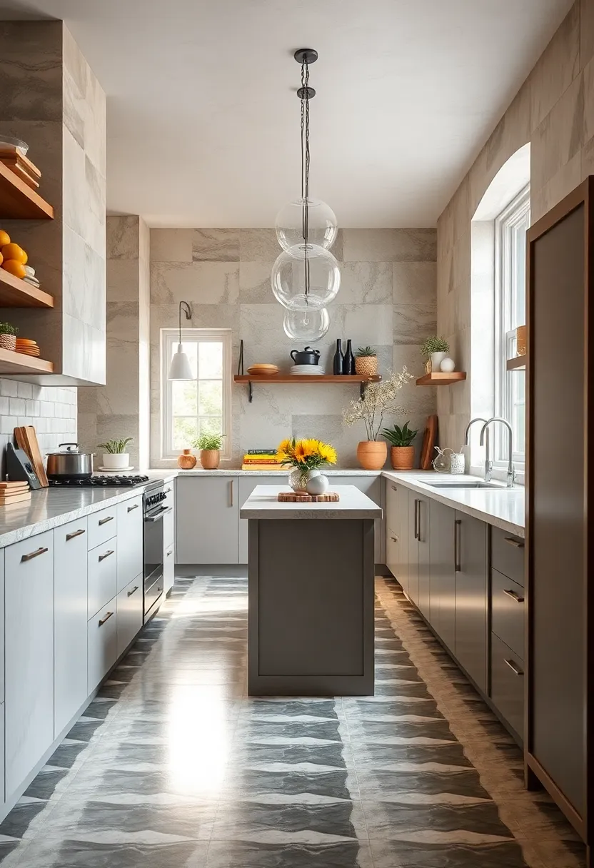 Use bold, patterned​ floor tiles to add personality ​and draw the eye along ​the length‍ of the kitchen