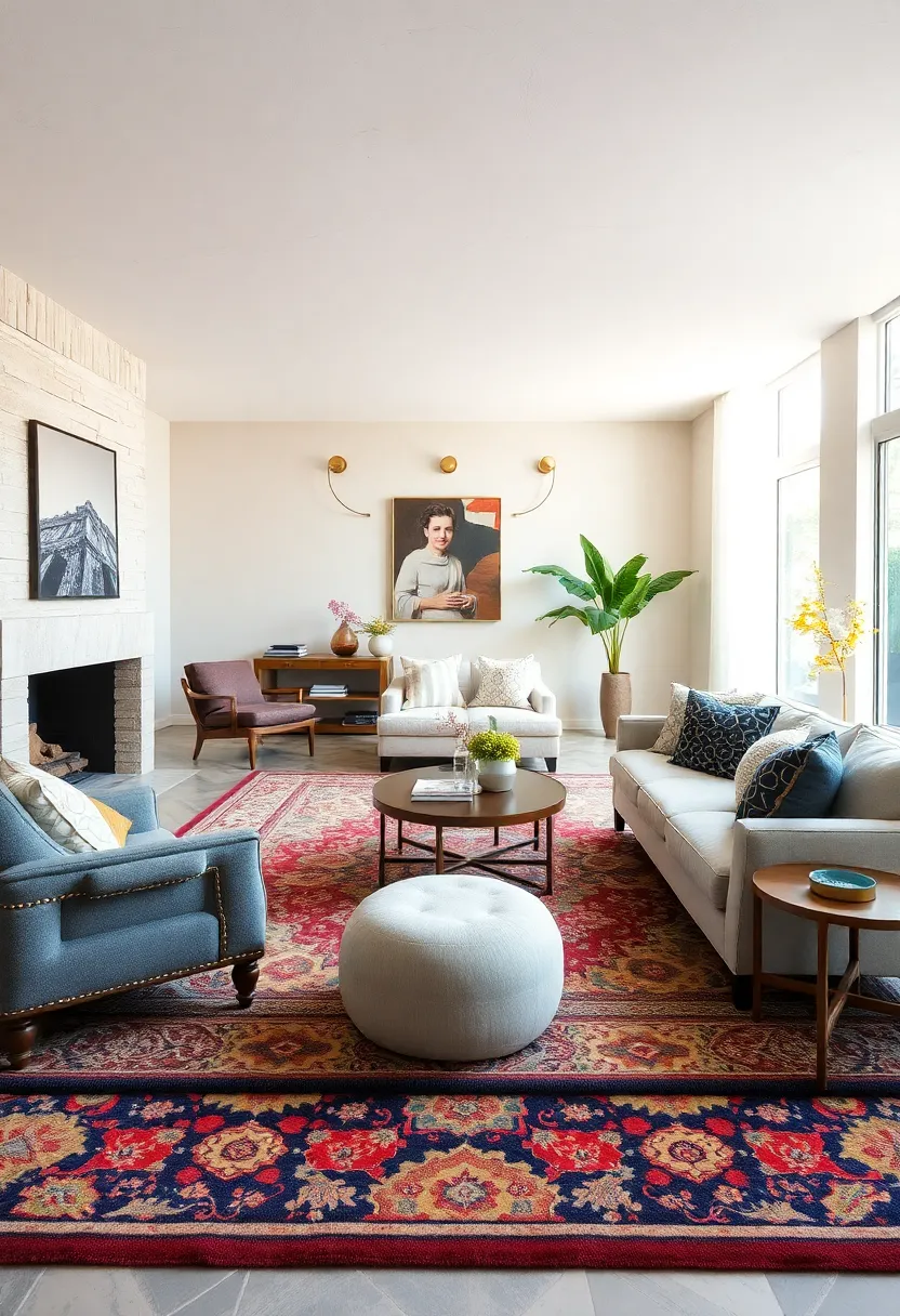 Patterned Rugs with Traditional Motifs: Introducing Oriental, Persian, or woven rugs that anchor spaces in classic grace with updated color schemes