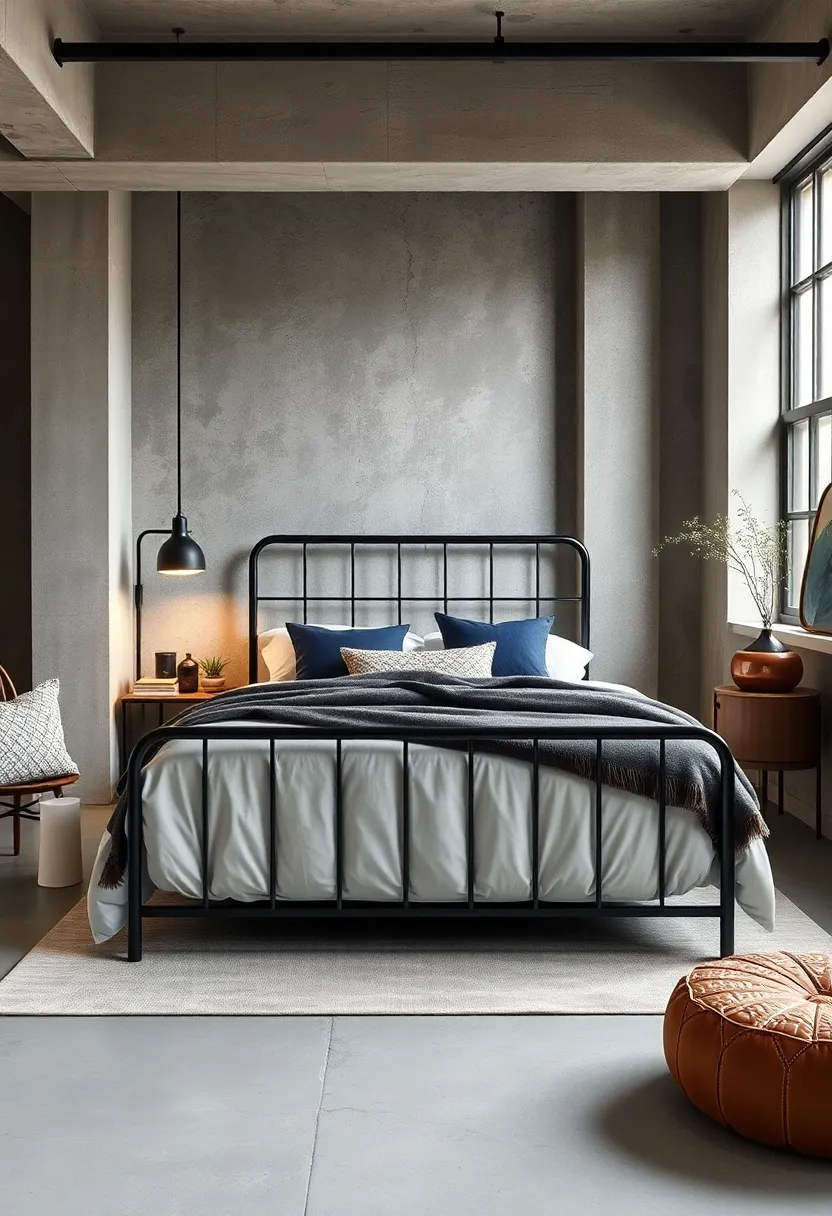 A sleek black ⁢metal bed‌ frame anchors this loft-style bedroom, blending raw industrial elements ‌with⁤ cozy textiles for ⁤a⁢ balanced urban retreat