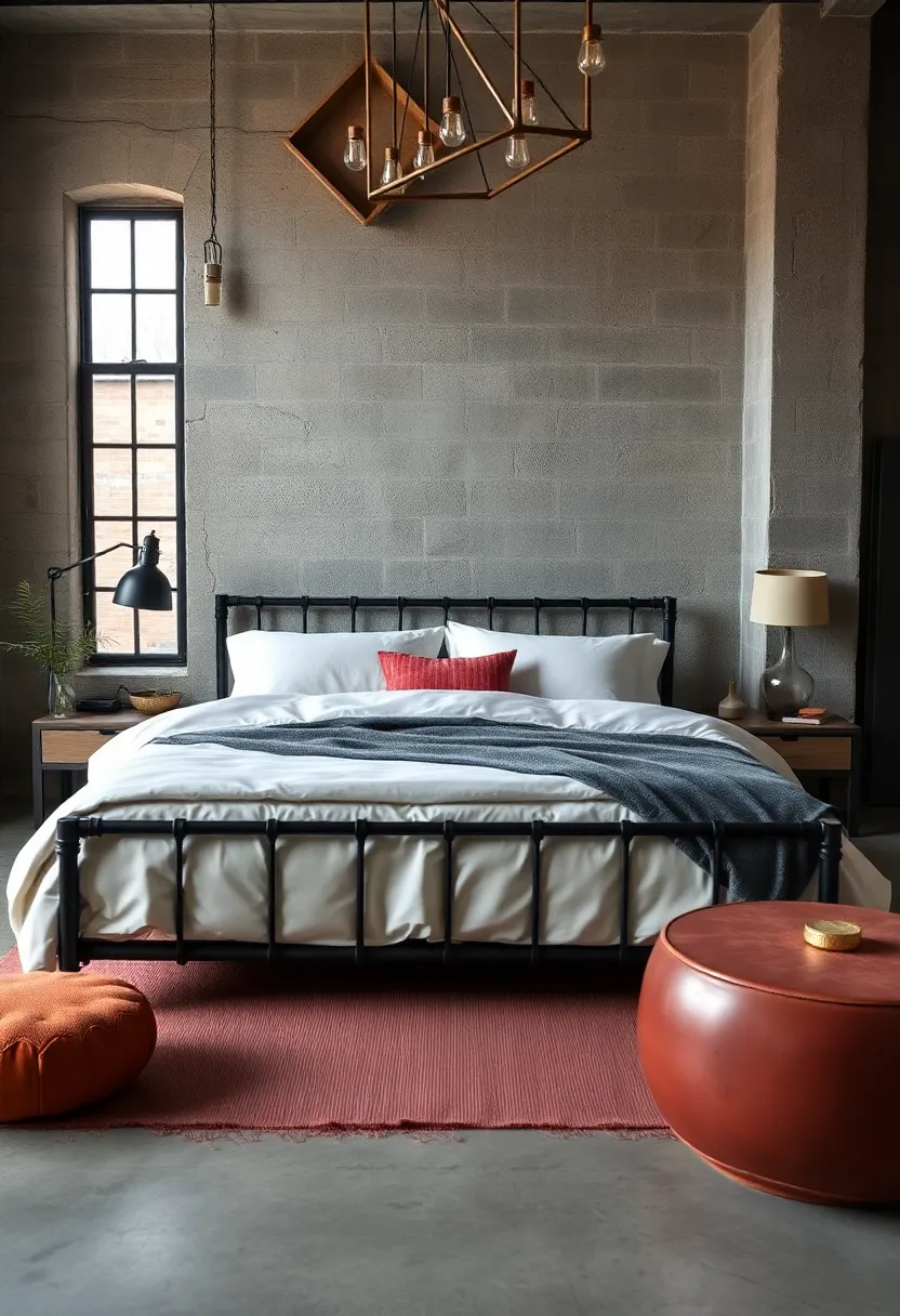 This loft bedroom showcases a ​heavy-duty ⁣metal​ bed frame juxtaposed with delicate ​linens for a harmonious industrial ‌look