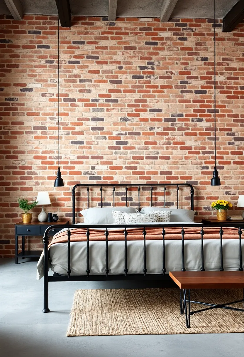 Exposed brick walls and a ​distressed metal bed create‌ a stark yet inviting⁢ contrast,⁣ emphasizing the‌ beauty of⁤ unfinished textures ‍in ⁢modern industrial ⁣design