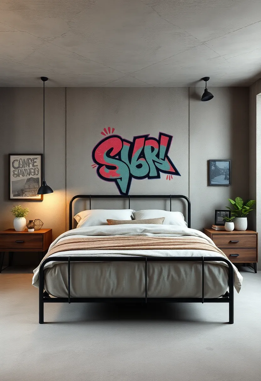 Streamlined ⁢metal⁤ beds paired with raw concrete and urban graffiti art deliver an edgy, metropolitan mood