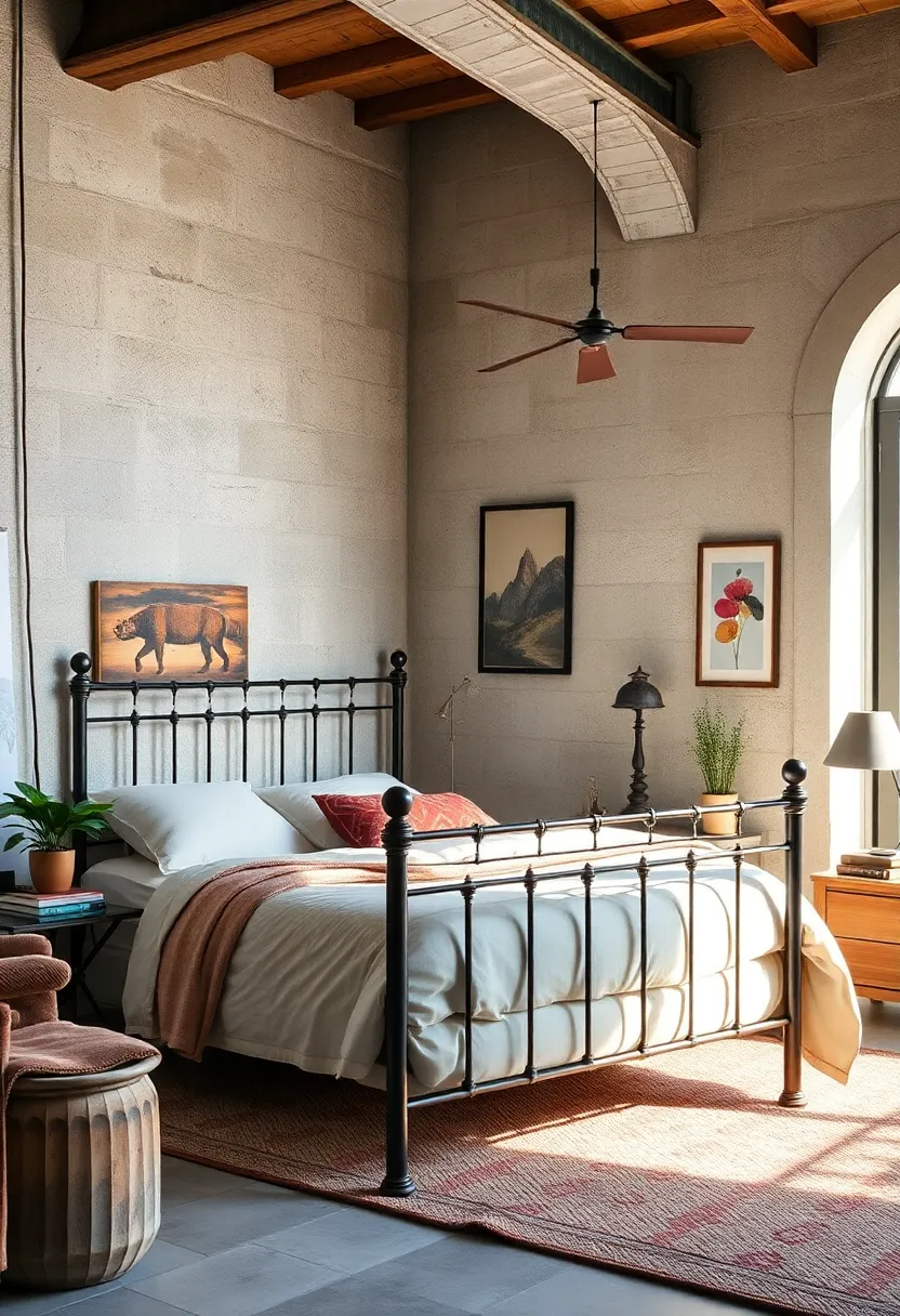 A ⁤rusted iron bed frame‌ takes⁣ center stage in a ‍warm,⁣ sun-drenched space filled with‍ vintage ​accents and reclaimed wooden furniture