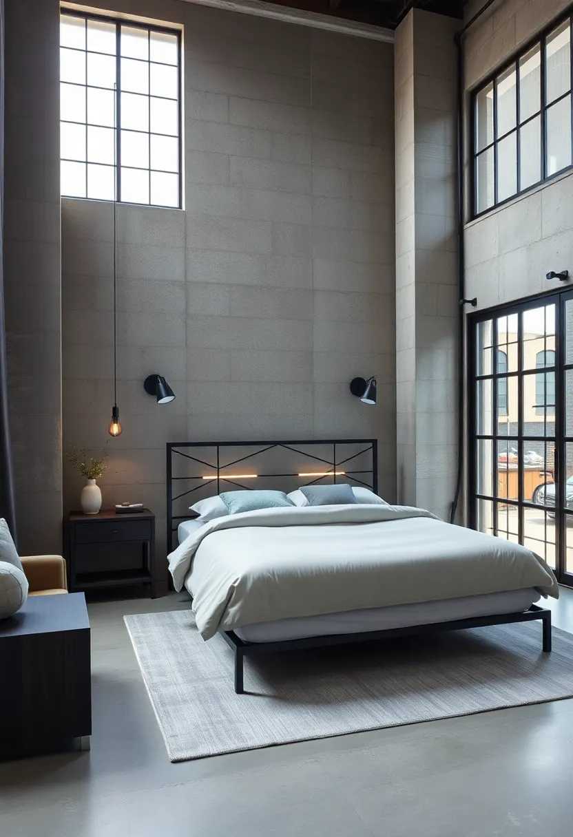 An ⁣elevated​ metal ⁤bed with clean lines complements minimalist‌ furnishings ‍and ⁢large factory-style ⁣windows ‌in ​this refined industrial ​space