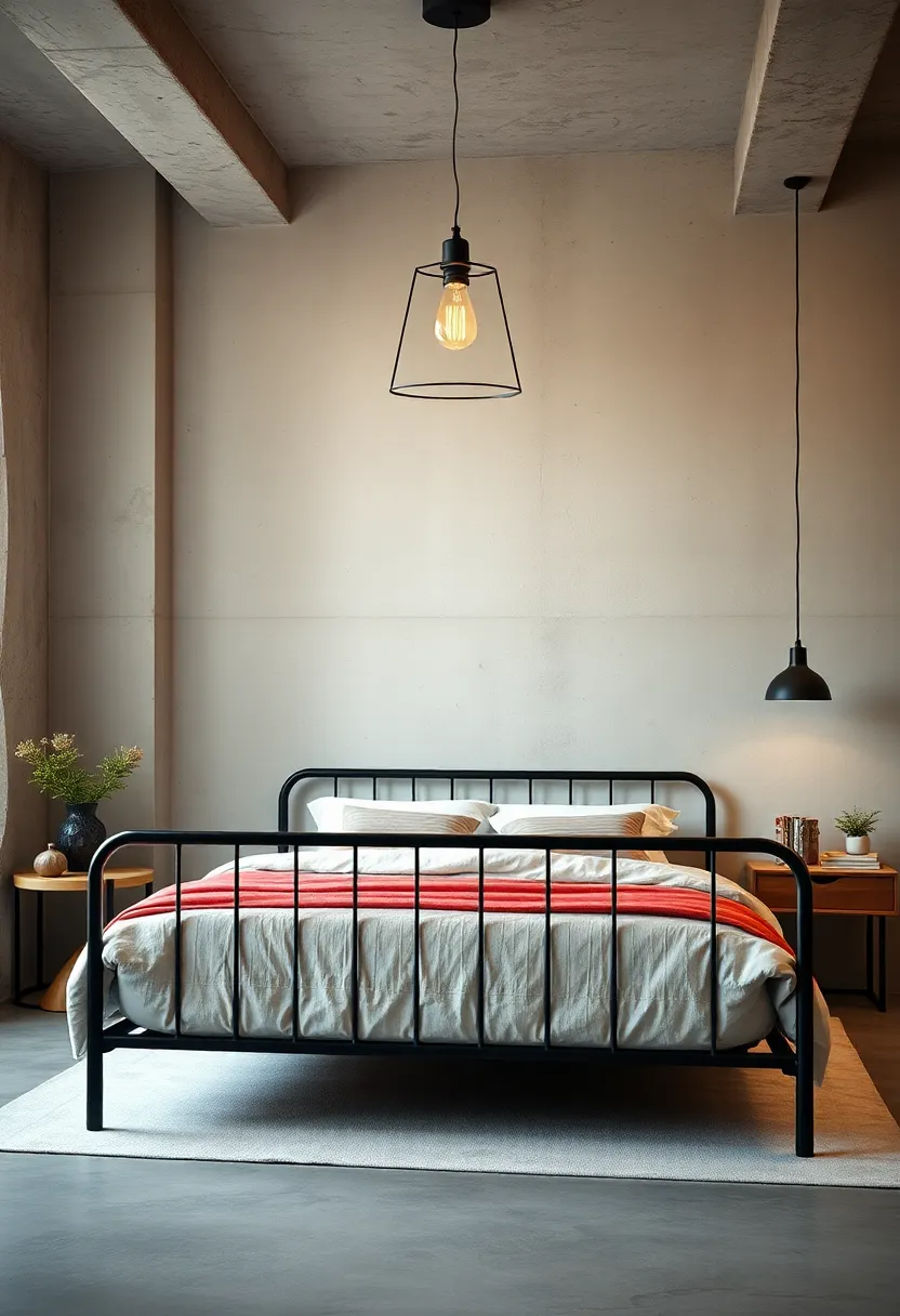 Overhead ‍pendant lighting highlights the geometric structure of​ a metal‍ bed‍ frame, harmonizing industrial aesthetics ​with contemporary sophistication