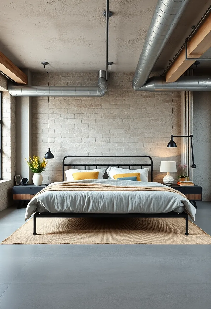 This bedroom features‍ a sturdy ⁢steel bed frame complemented by exposed ductwork and‌ muted ⁣earth tones, capturing the essence​ of urban‍ loft living