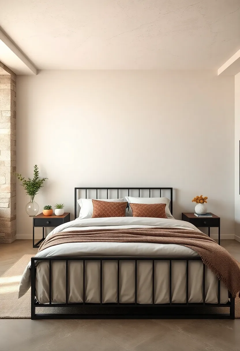 A gunmetal grey‌ metal bed in a monochrome palette​ sets a dramatic tone, enhanced by textured fabrics and minimalist decor