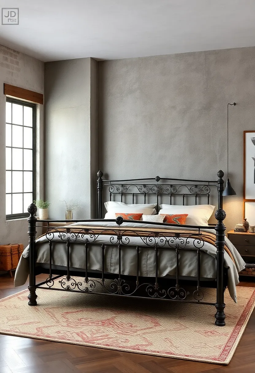 A distressed metal bed ⁣frame⁢ with ornate ​detailing ​adds a touch of​ vintage ​charm to​ an ⁣otherwise modern industrial bedroom
