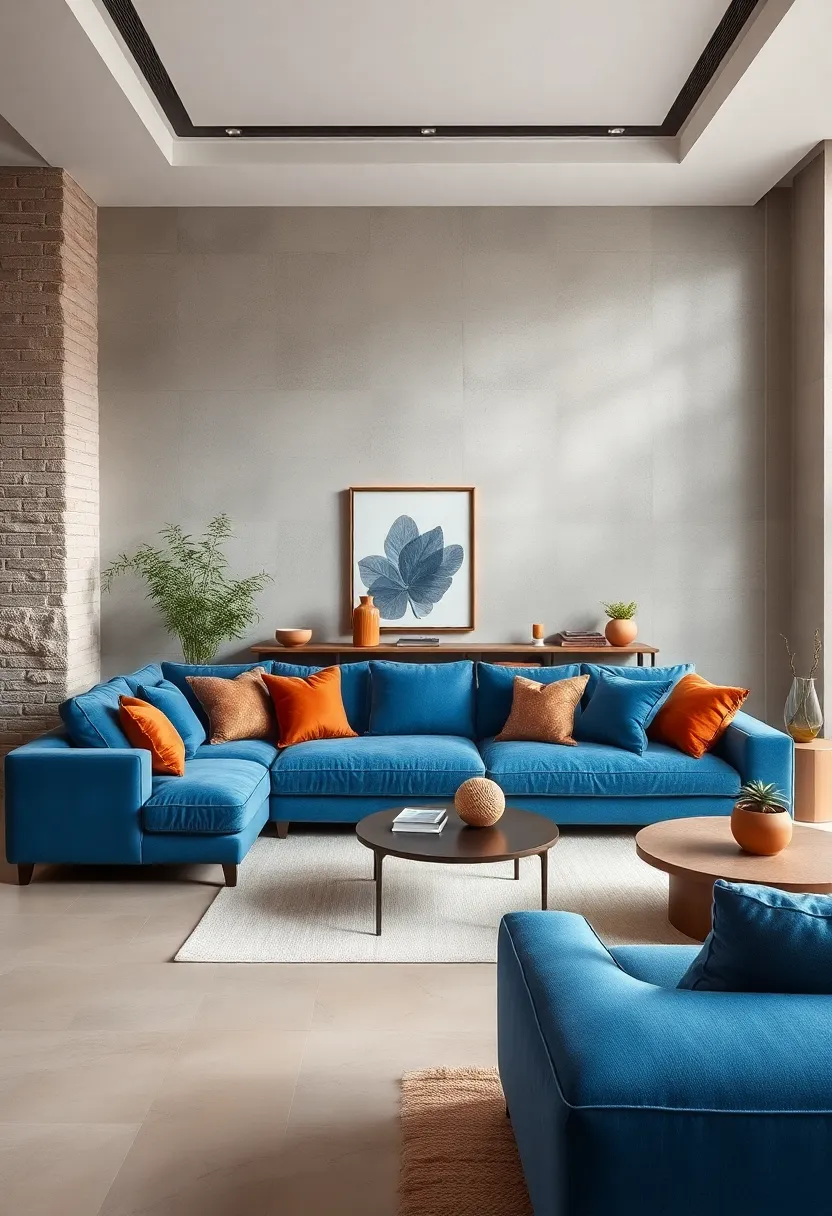 Balance the ​dominant ‍blue ‍sofa with earthy tones​ like terracotta or olive in‌ accent ​pieces