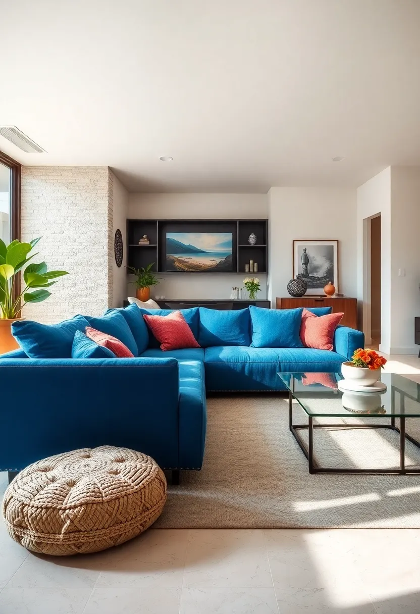 Integrate a glass ​coffee table to maintain openness ‍and showcase the sofa’s color