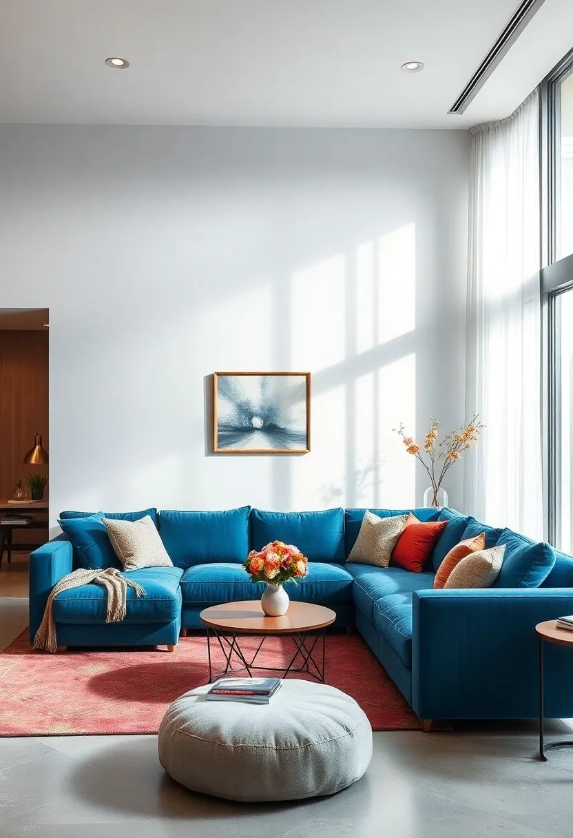 Integrate a ⁣subtle splash of navy or teal in curtains or cushions to⁢ complement rather than compete with the sofa