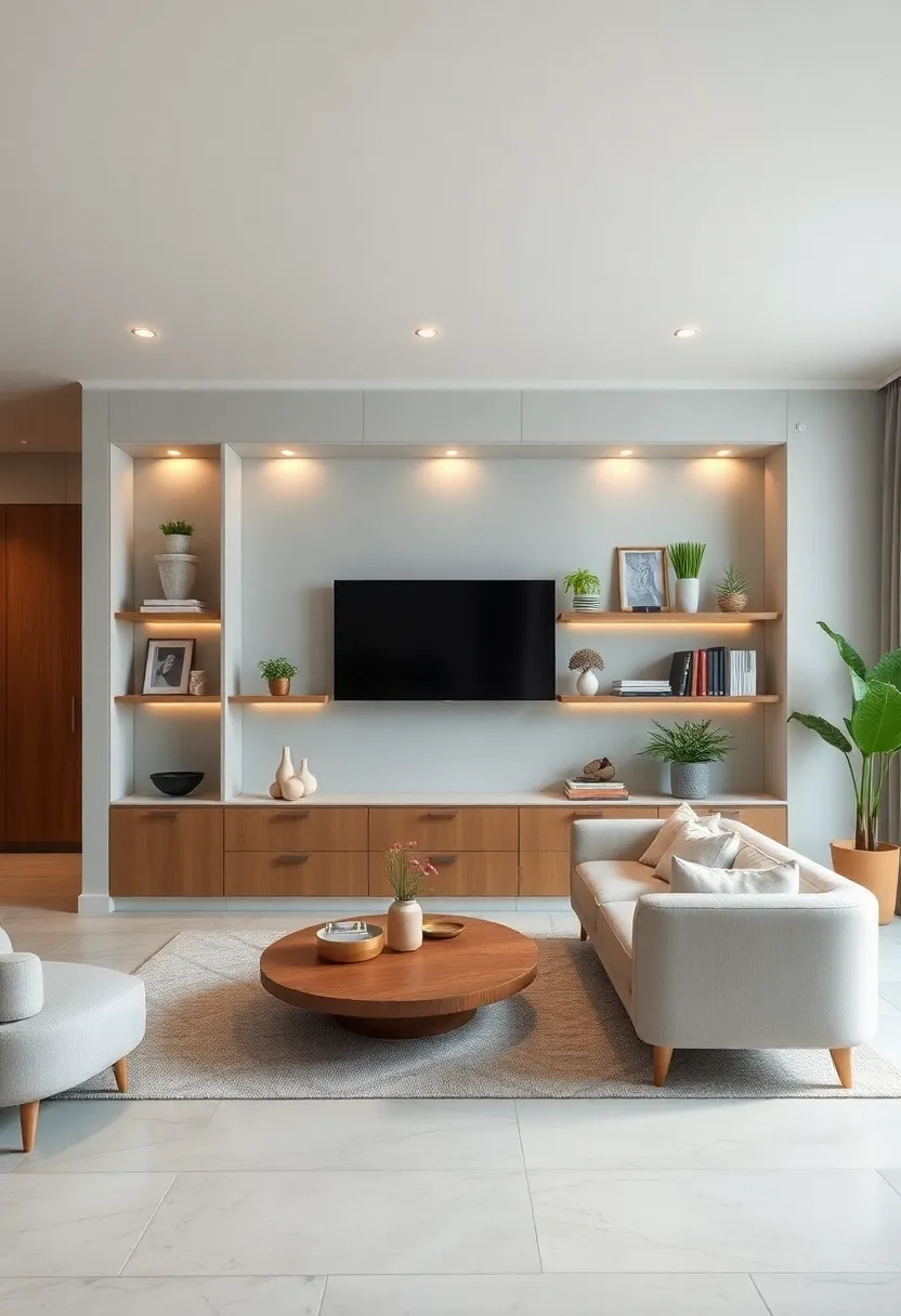 Opt for a monochromatic theme for your built-in shelves to achieve understated elegance