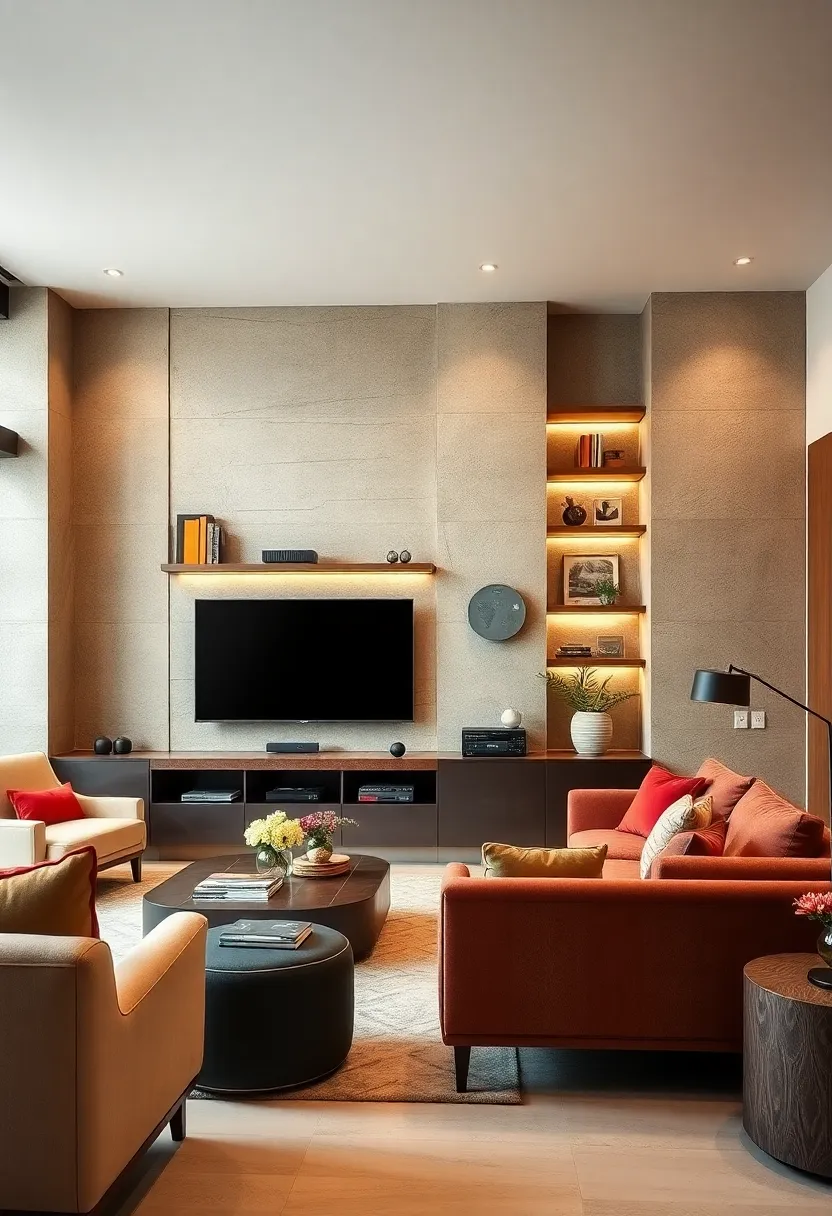 Create a​ media wall by integrating your ⁤TV⁤ and sound system into​ the built-in shelving layout