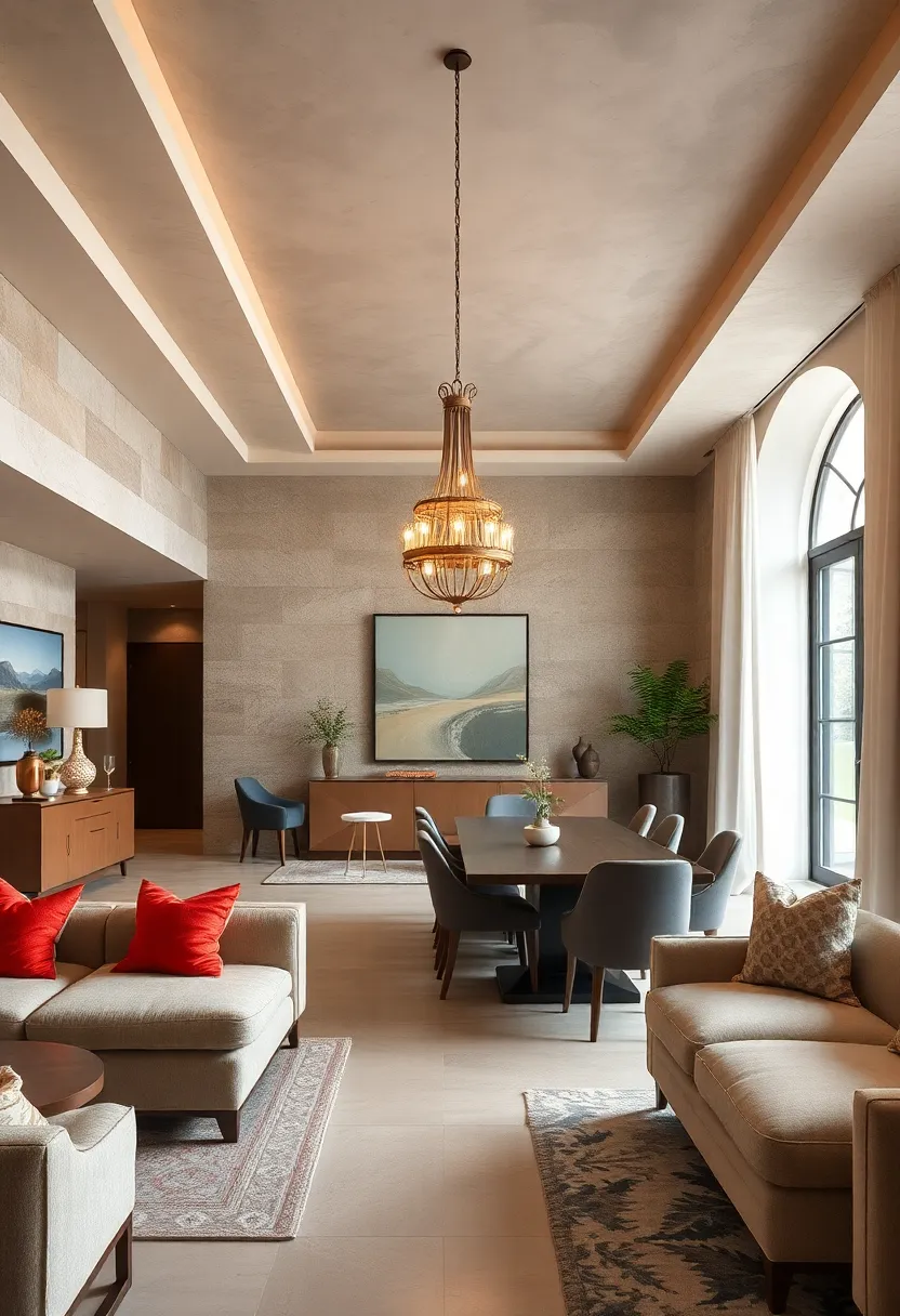 Antique-inspired chandeliers hang over modern furniture, blending ‍eras for timeless appeal