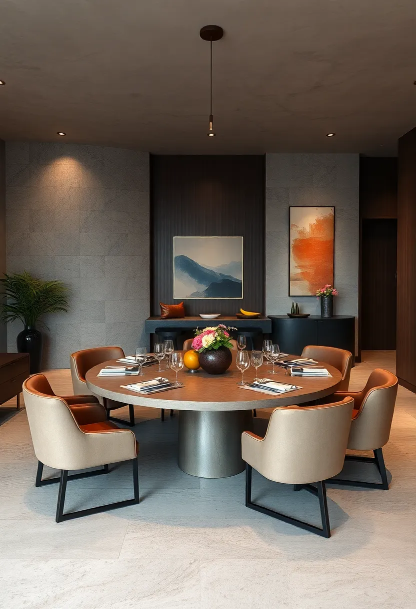 A circular dining table with a‍ rotating center fosters intimate ⁣shared dining experiences ‍in a sumptuous setting