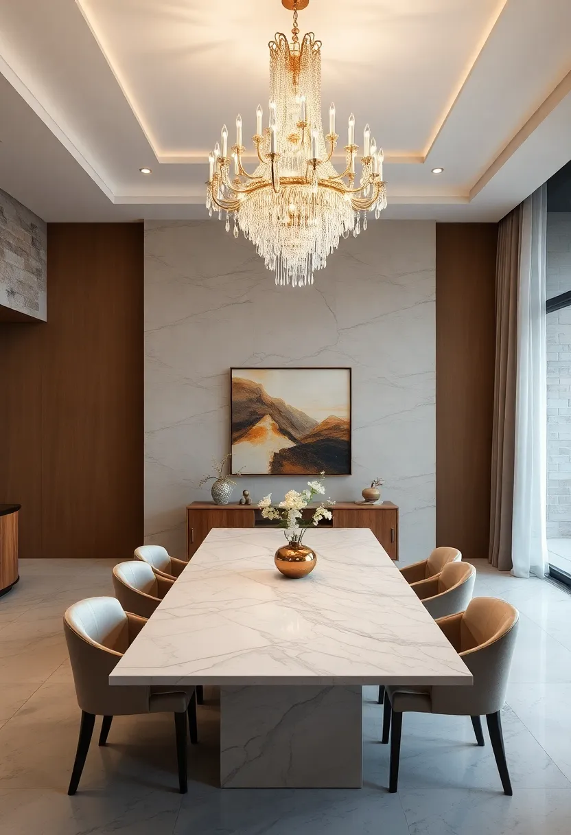 A grand chandelier cascades over a sleek marble dining table, setting a tone of refined opulence