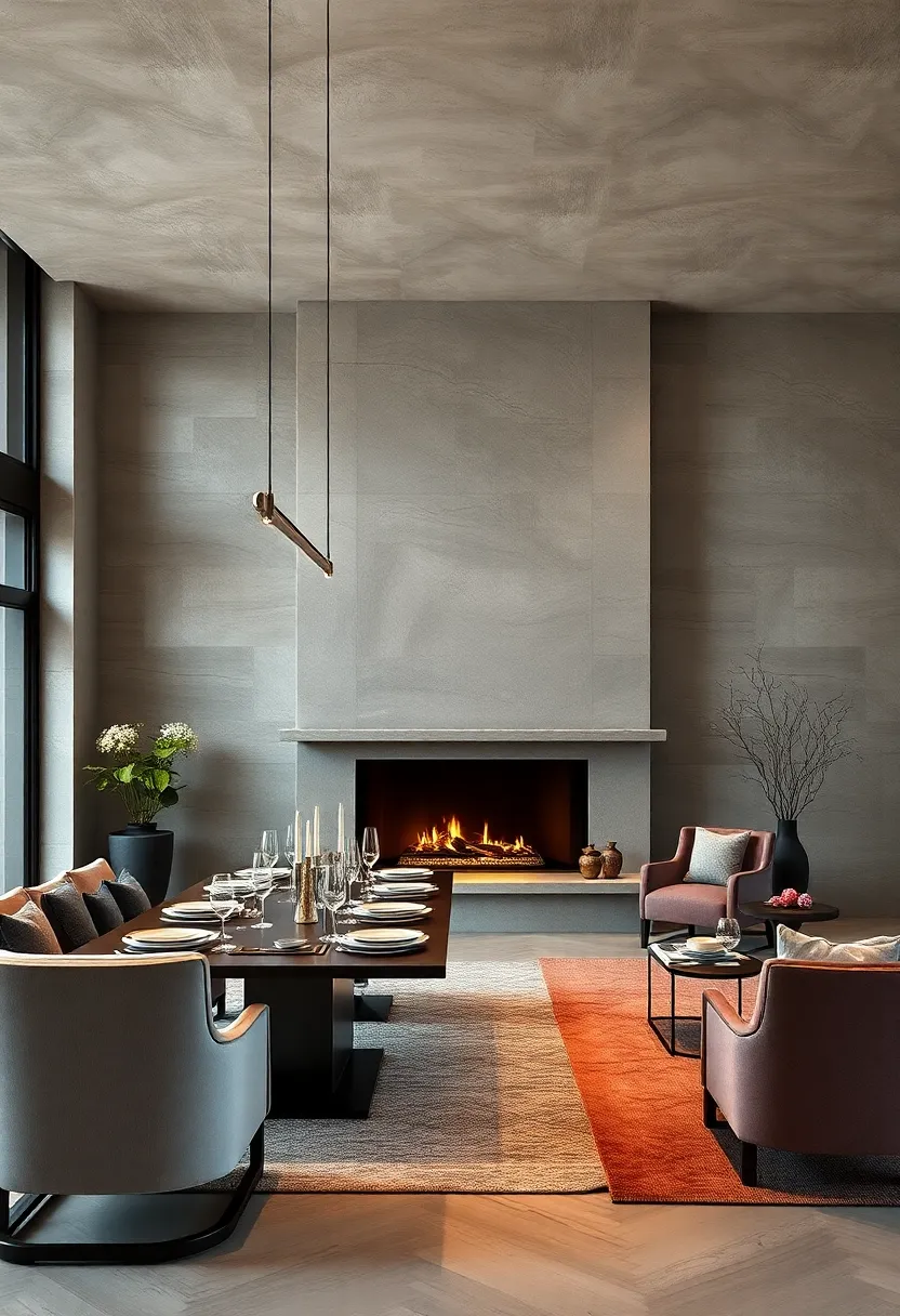 A ⁢grand fireplace anchors the dining space, evoking a sense of cozy elegance during dinner parties