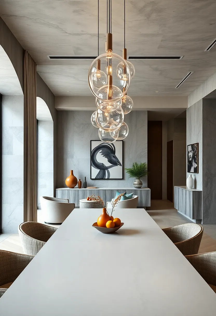 Hand-blown glass pendant lights⁤ drift above a glossy lacquered table, infusing modern elegance