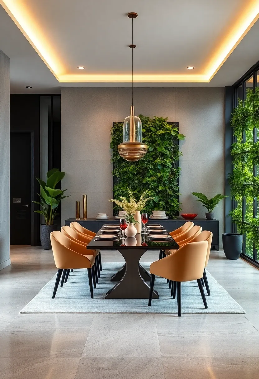 An indoor vertical garden wall brings a lush, organic touch to the sleek dining environment