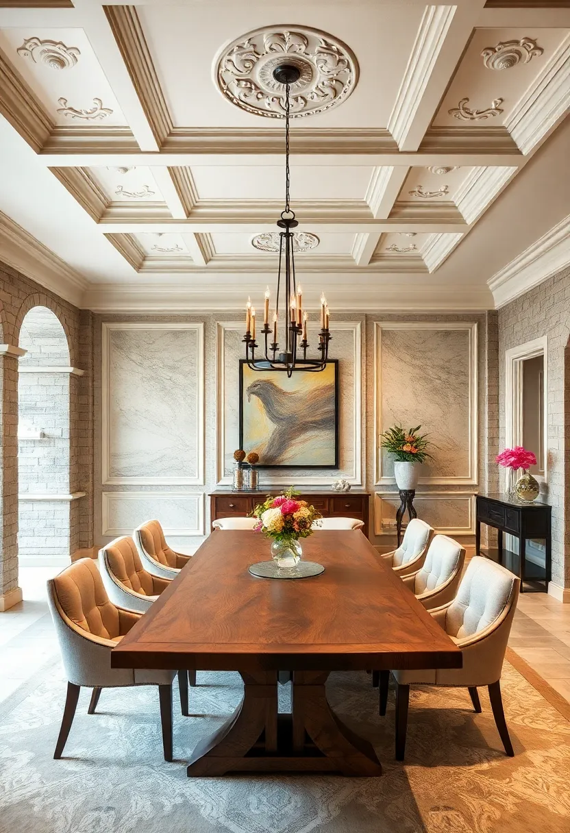 Ornate ceiling moldings ‍complement a rustic⁢ reclaimed wood table, creating a balanced blend of classic and contemporary