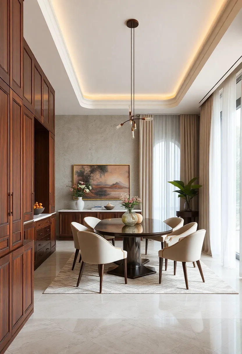 Rich⁤ mahogany cabinetry with delicate inlays pairs seamlessly with soft cream ⁣drapery for understated⁣ grandeur