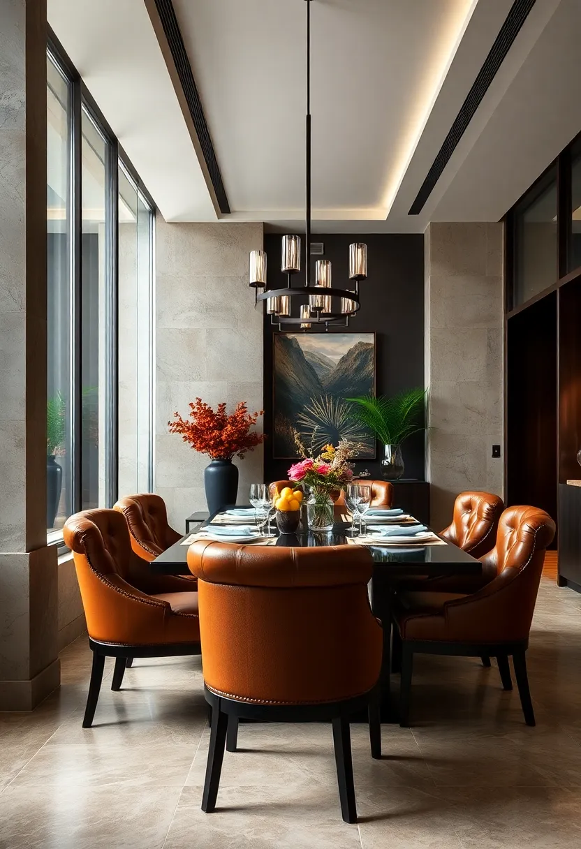 Rich leather chairs with tufted backs offer both style ​and comfort in a room accented with dark hues