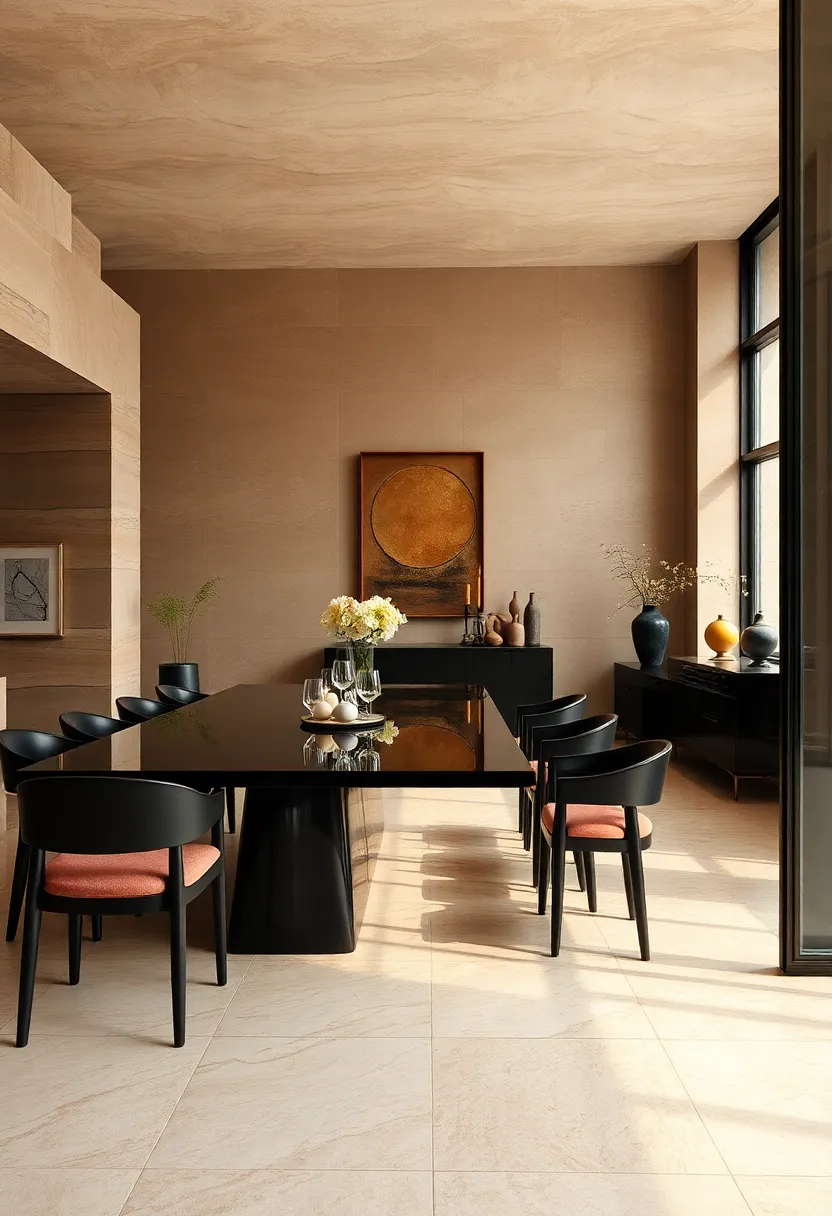 Subdued earth tones in wall finishes create a serene backdrop for glossy black dining pieces