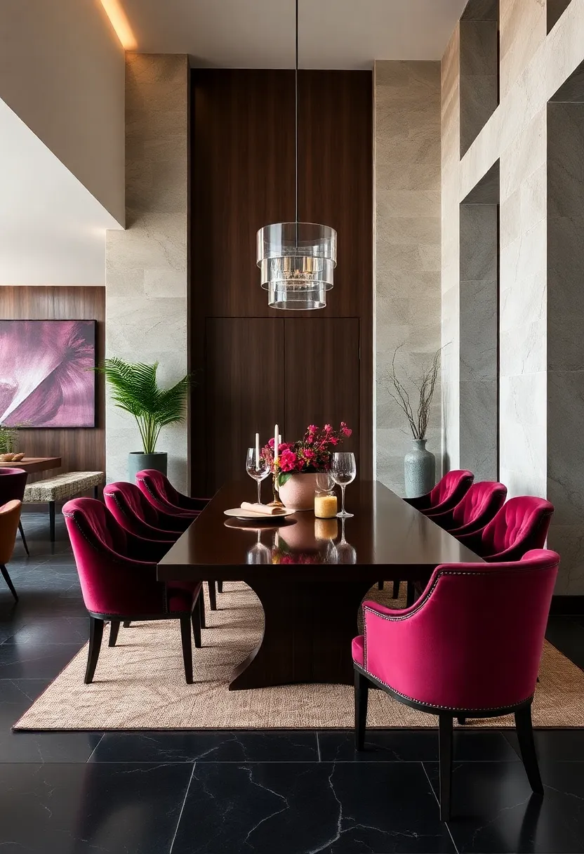 Velvet-upholstered chairs in deep jewel tones surround a dark wood dining set, merging comfort with luxury