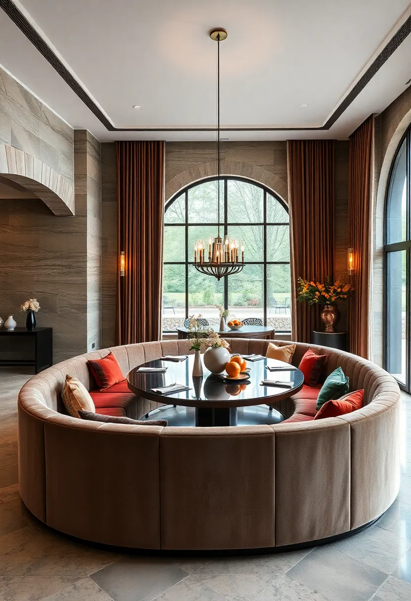 A grand ​dining room with a sweeping crescent-shaped banquette that​ invites intimate gatherings amid soft velvet upholstery