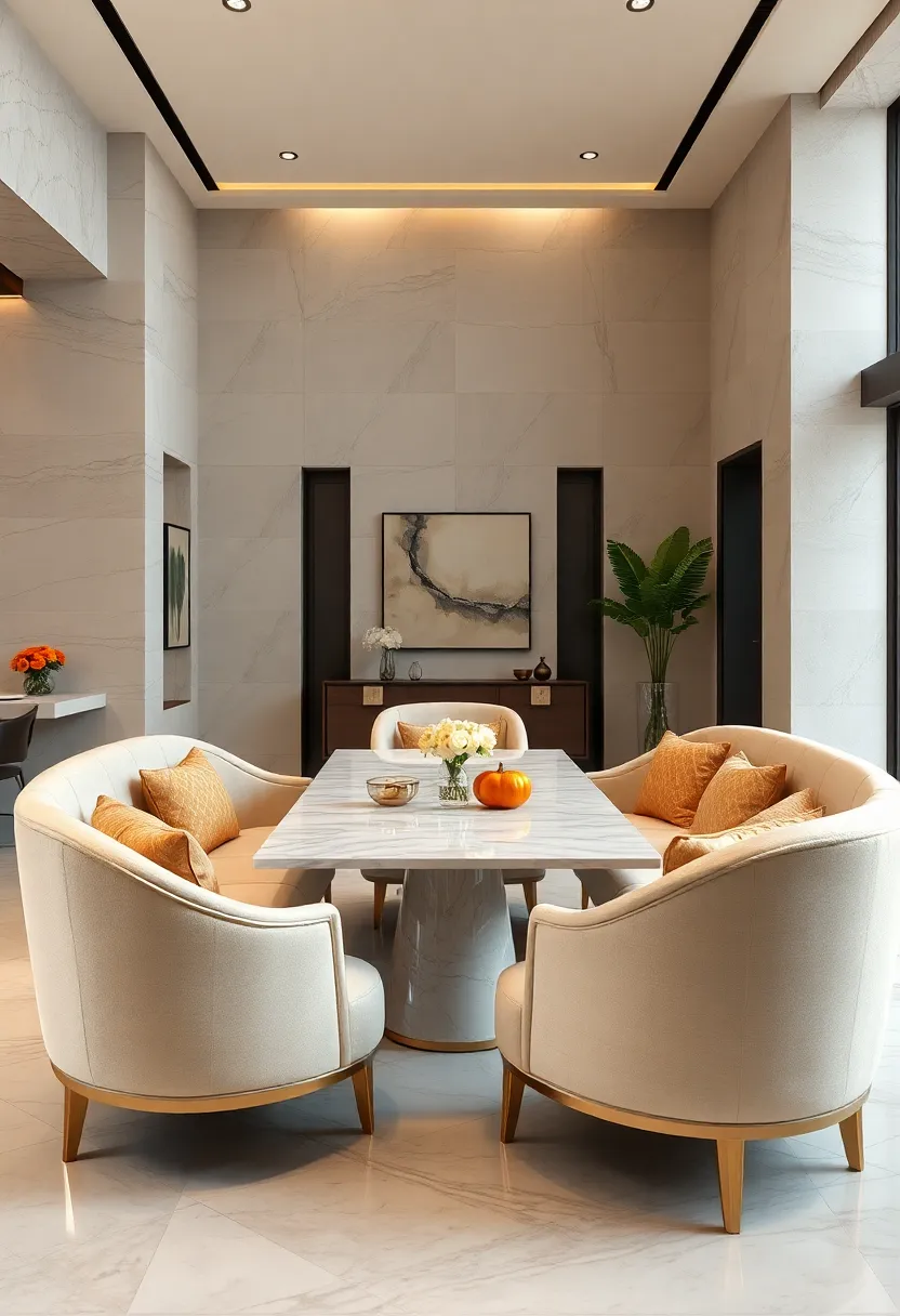 cream-hued curved sofas gracefully embrace a marble-top table, accented by gold ⁤leaf⁢ detailing on the furniture legs
