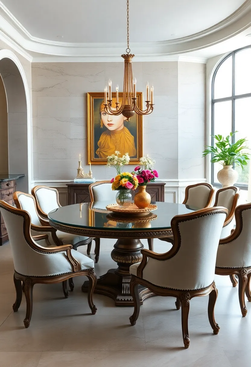 Softly curved French provincial dining chairs with‍ carved details ‌frame an ornate glass-topped ⁤antique table