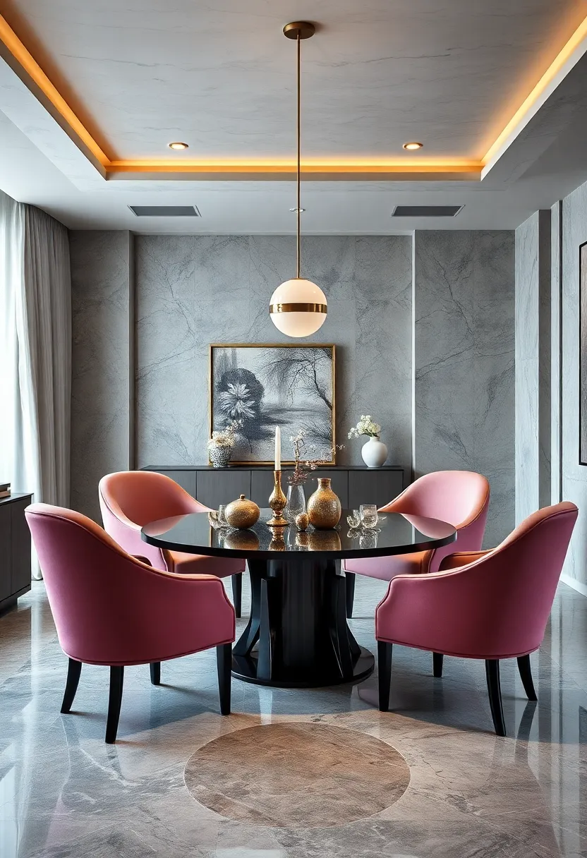 A formal dining ⁣space with sweeping⁣ curved armchairs upholstered in silk, paired ⁣with a glossy lacquered round table