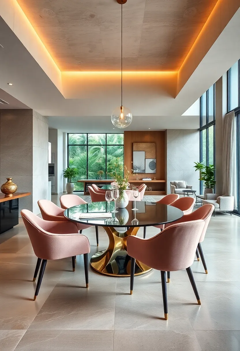 A modern open-plan dining area where thin-profile​ curved ​chairs in blush pink add a subtle pop of color to⁣ a neutral palette