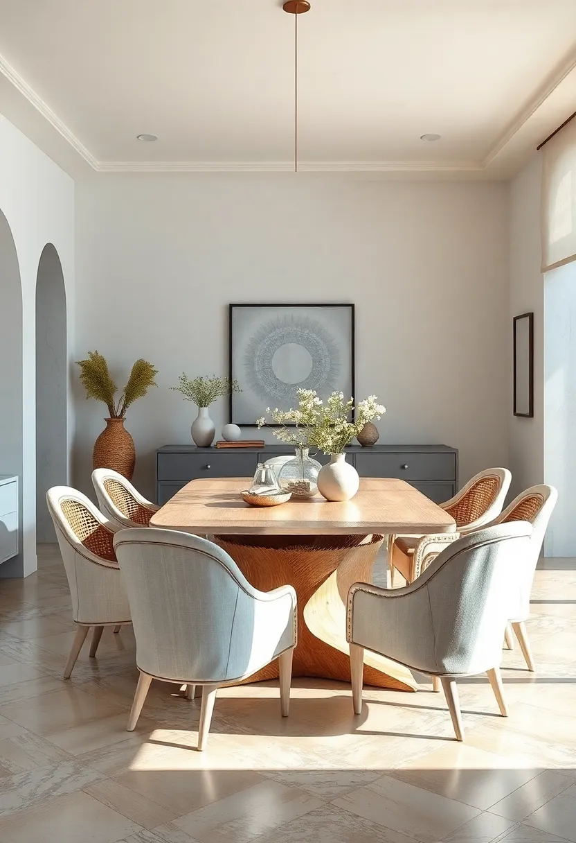A coastal-inspired dining room boasting whitewashed curved chairs ⁤with woven⁤ rattan seats surrounding a driftwood dining table