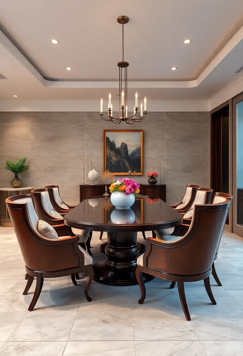 Traditional-style curved wingback chairs crafted from dark wood encase ⁣a richly detailed mahogany⁣ dining ⁤table