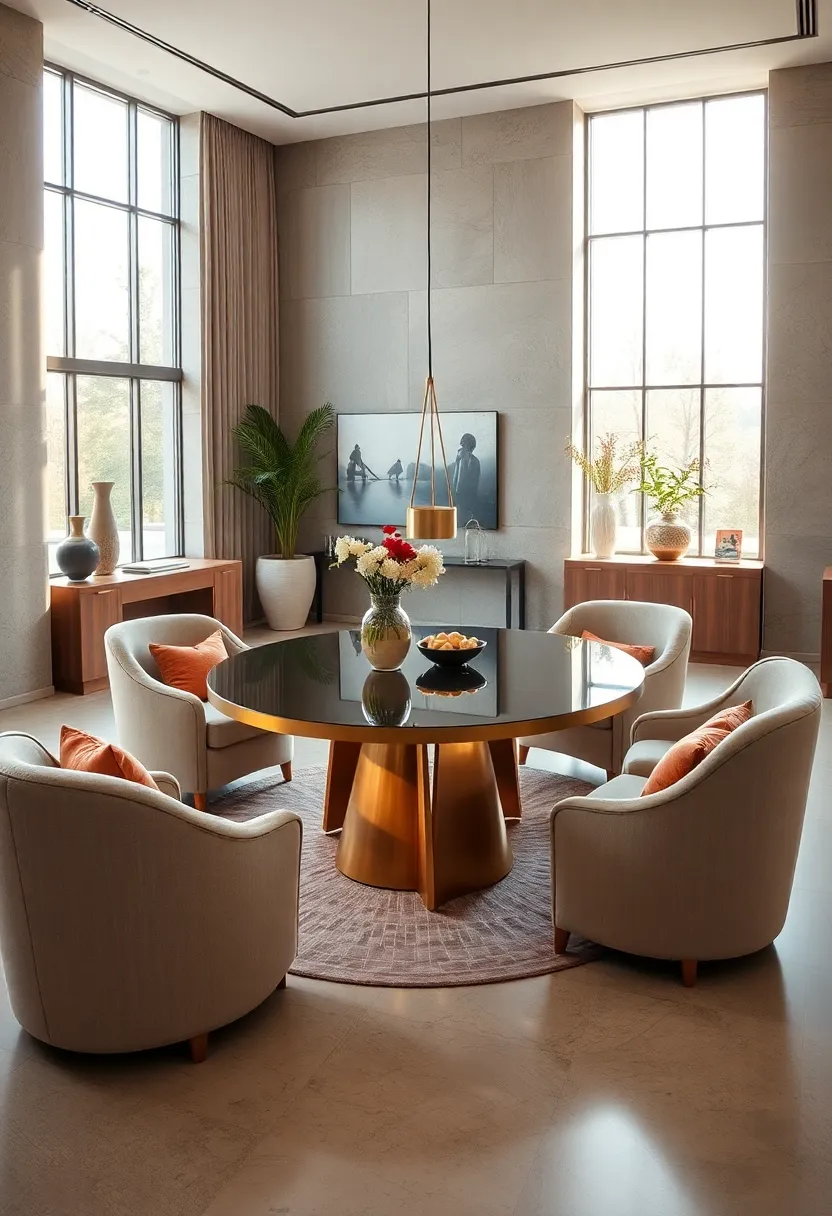 an airy space featuring a serpentine dining table ‌paired with rounded armchairs,⁢ bathed⁢ in natural ‌light from floor-to-ceiling windows