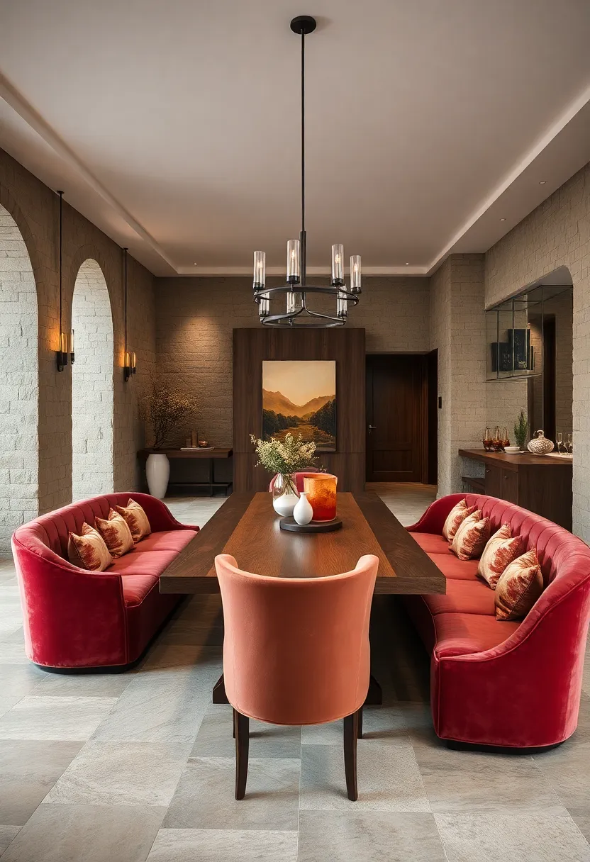 curved dining benches upholstered ​in sumptuous velvet line a large rustic farmhouse table, blending luxury with countryside charm