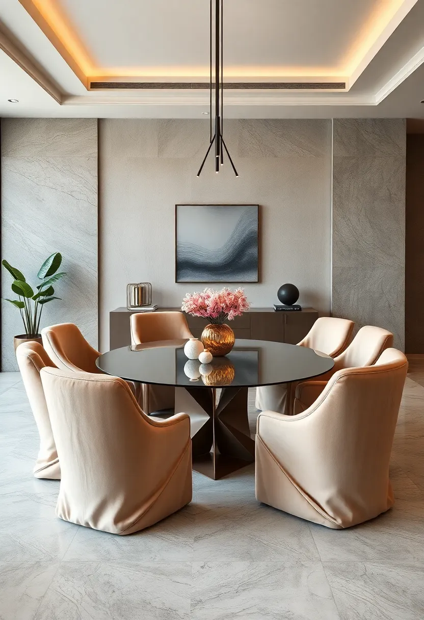 High-backed curved chairs ⁤upholstered in ⁢luxurious silk ‍velvet arranged around a bold geometric dining table⁣ for an artistic‌ touch