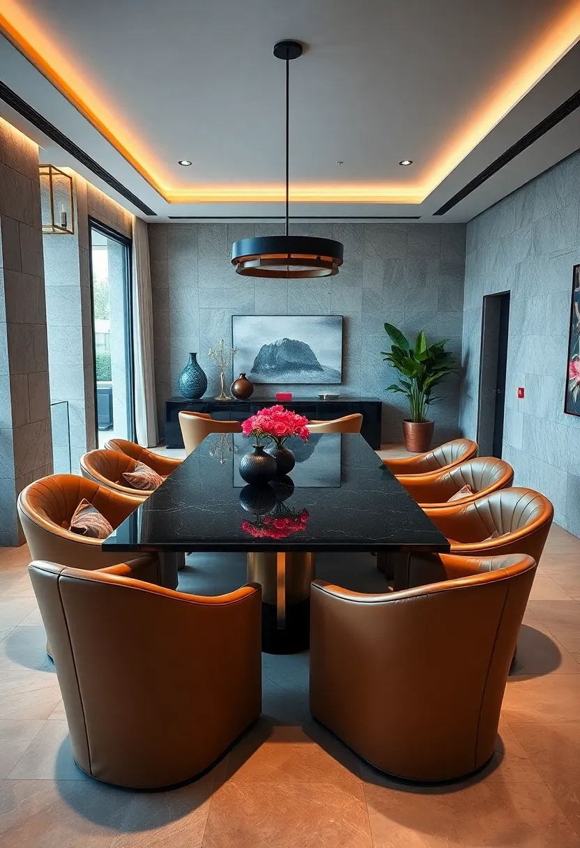 A daring design pairing bold leather-slipped curved chairs​ with a sleek, minimalist black granite dining surface
