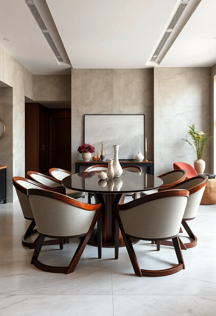 Sleek⁢ curved-back chairs in polished mahogany encircle a minimalist oval table, marrying modern ‌flair with classic luxury